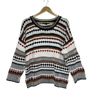 Marc New York Cotton Blend Multi Cream Brown Burgundy Pattern Relax Sweater XL